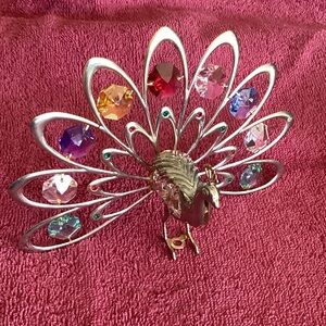 Decorative Silvertone and Crystal Peacock